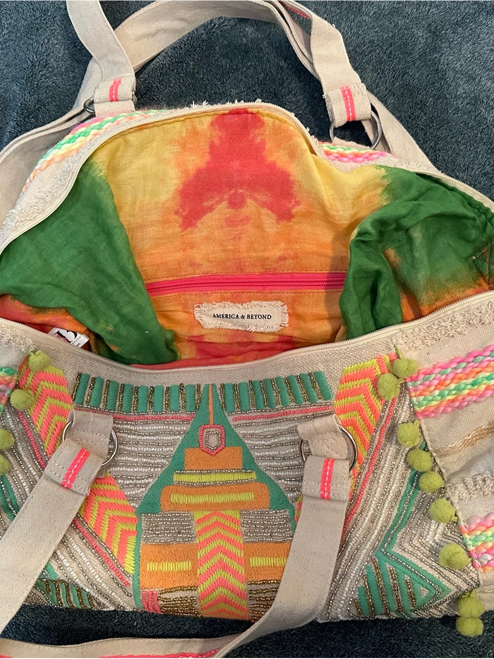Embroidered Multicolor Canvas Tote with Pom Trim - Green/Orange/Coral